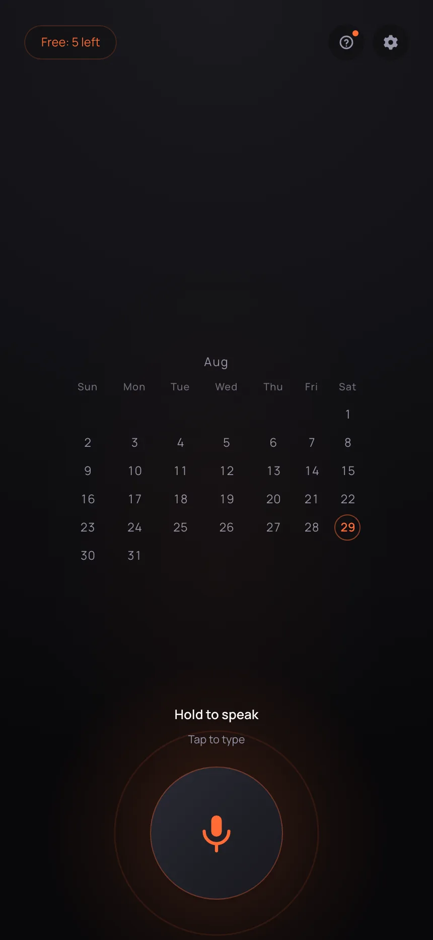 The Voice Schedule home screen. A single round microphone button sits in the middle