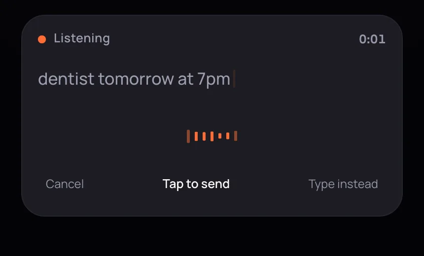The recording screen. The microphone button glows and the words appear as you speak