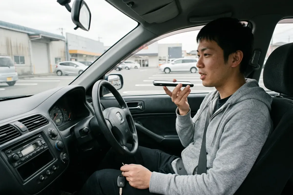 停車した車の運転席で、手に持ったスマートフォンに話しかけている人