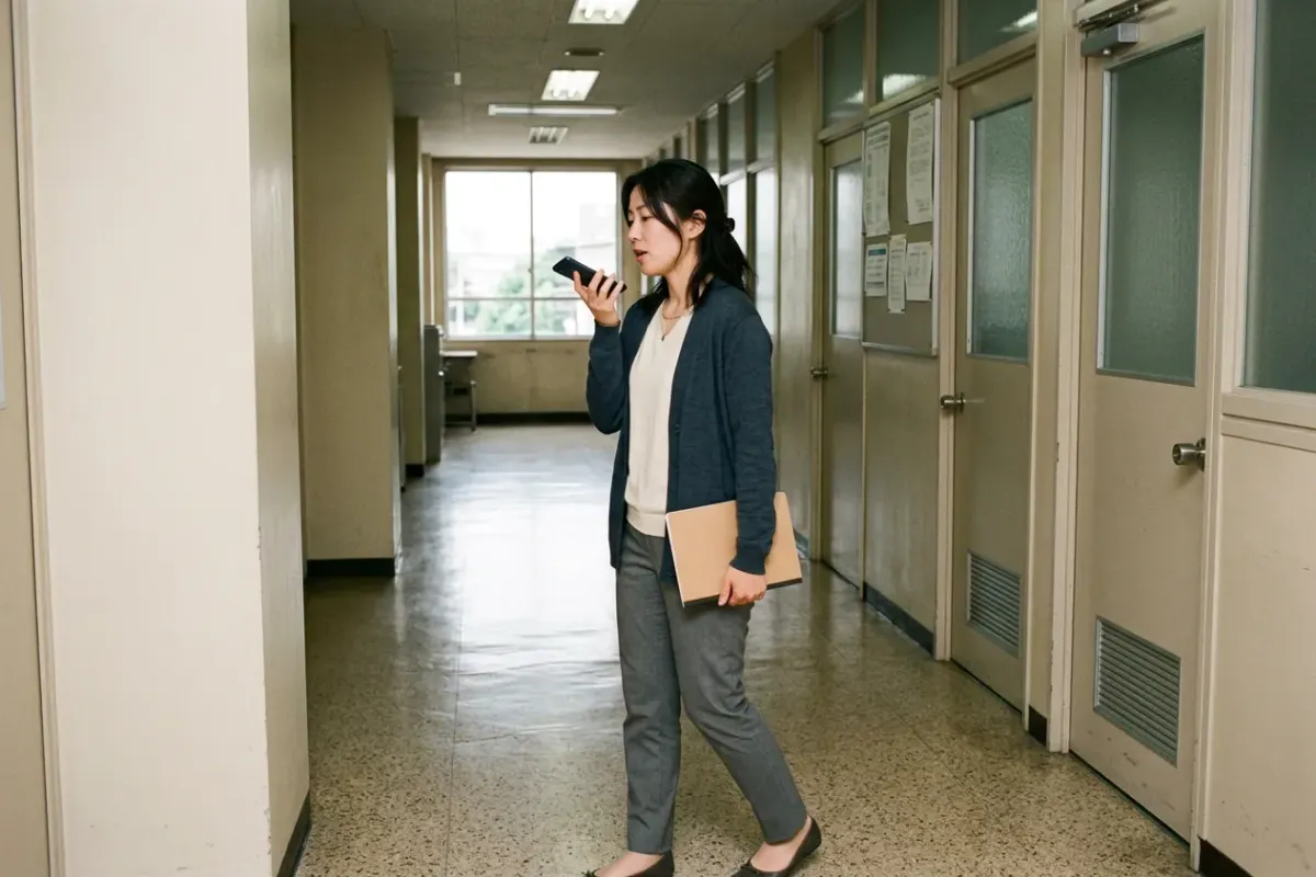会議を終えて廊下を歩きながら、スマートフォンに向かって話しかけている人